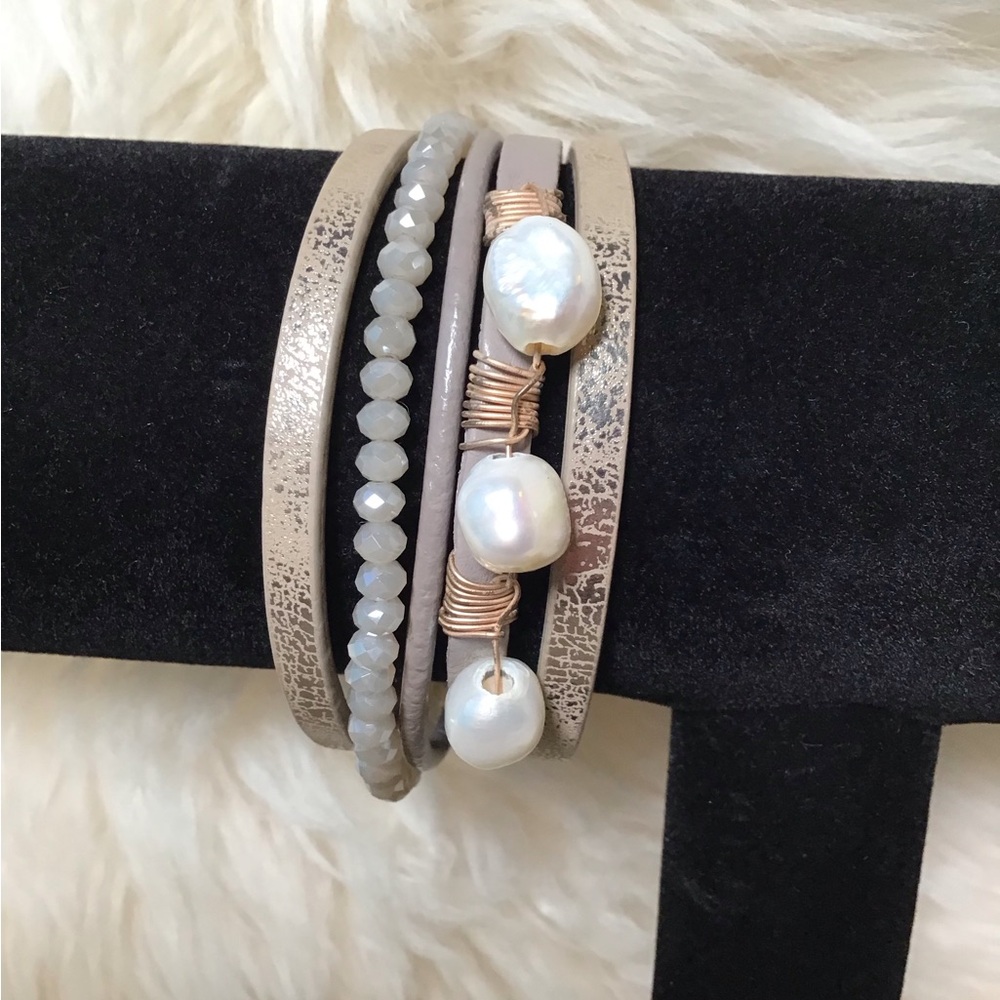 5 Connected bands 2.75” with leather, crystal beads, wire, and pearls, bracelet